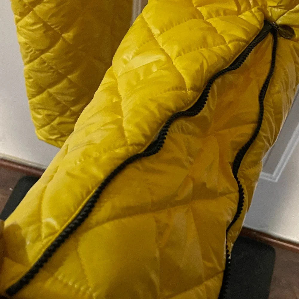 Belted Yellow Quilted Hooded Jumpsuit with Black Fur Trim - Picture 5 of 7